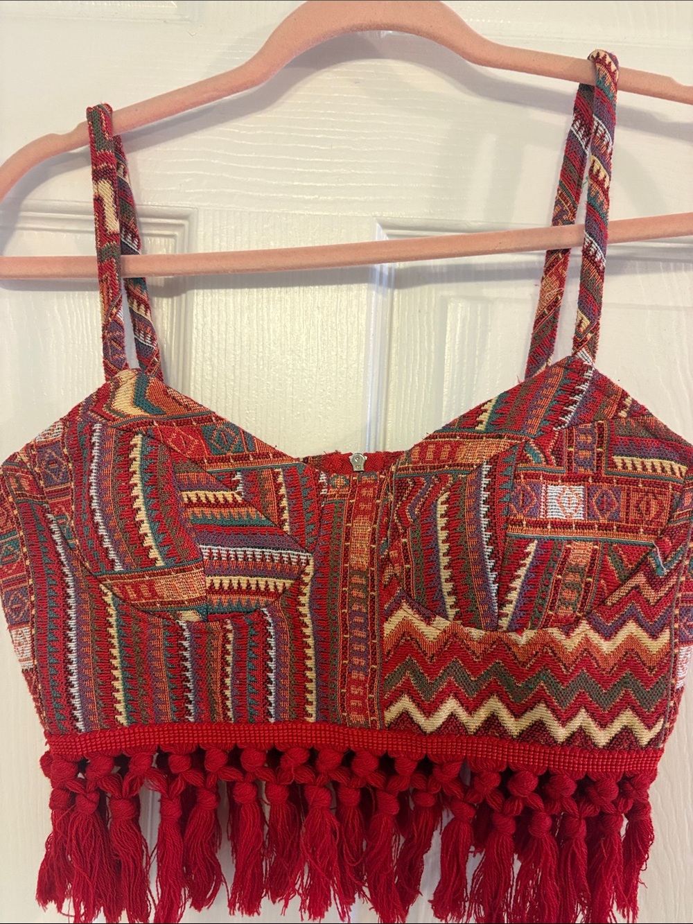 Cider Red Multicolor Geometric Fringe Zip Front Crop Top M
